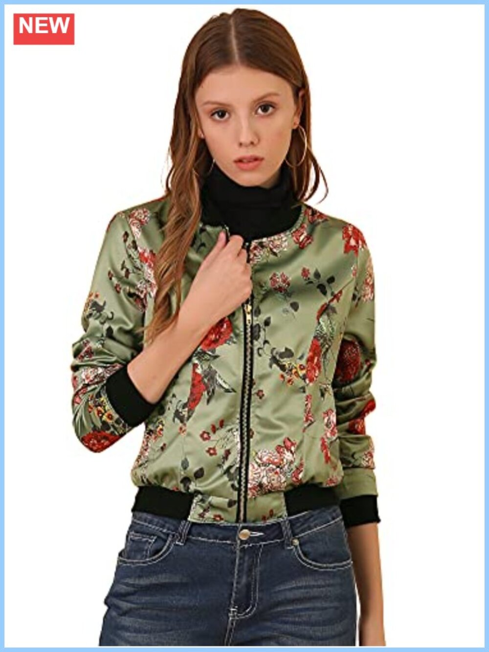 Satin Bomber Jacket Floral Long Sleeve Zip Up Lightweight Coat with Pockets